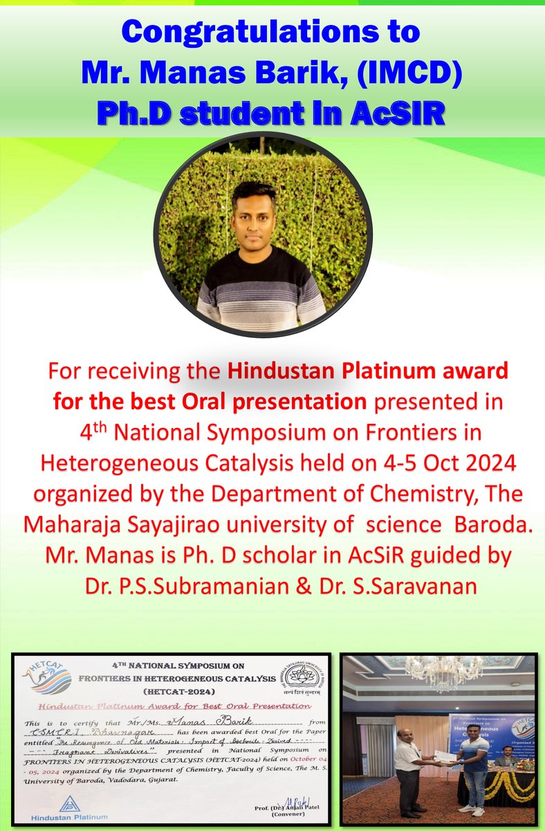 CSIRCSMCRI1's tweet photo. Congratulations Mr. Manas Barik, PhD Student, AcSIR @CSIR_IND https://t.co/TtaFWGrzq5