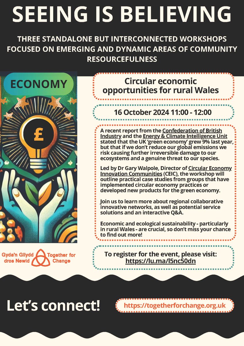 CEIC Wales (@ceicwales) on Twitter photo Join us for this <a href="/TFCPembs/">Together for Change</a> webinar: Circular Economic Opportunities for Rural Wales with CEIC project director <a href="/walpoleg/">Dr Gary LR Walpole</a>.
Register for the free webinar here 🔗⬇️
lu.ma/l5nc50dn
#circulareconomy Join us for this <a href="/TFCPembs/">Together for Change</a> webinar: Circular Economic Opportunities for Rural Wales with CEIC project director <a href="/walpoleg/">Dr Gary LR Walpole</a>.
Register for the free webinar here 🔗⬇️
lu.ma/l5nc50dn
#circulareconomy