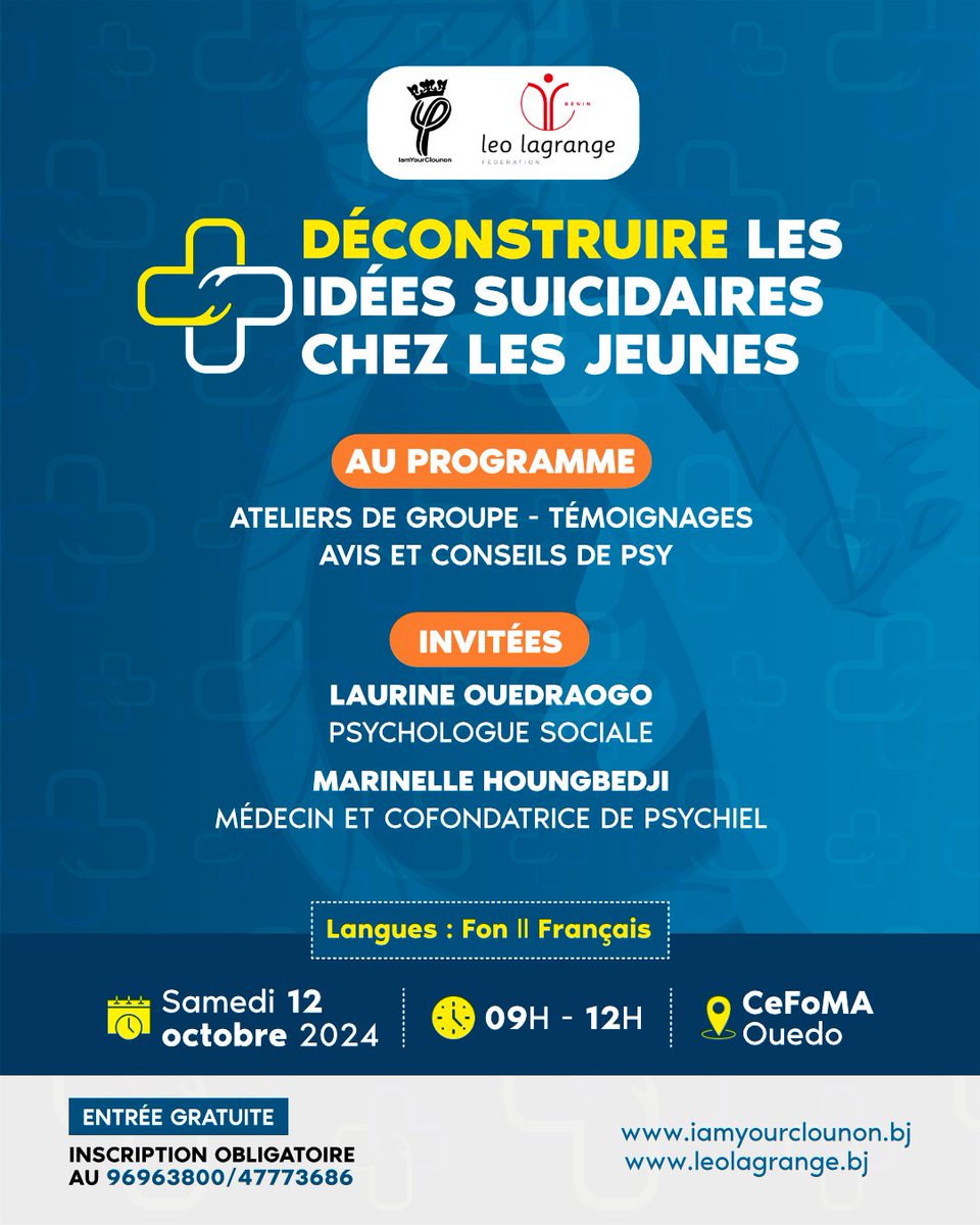 FabroniYoc's tweet image. 🗓️ Nous vous donnons rendez-vous ce samedi pour une journée riche en échanges et en apprentissage pour mieux comprendre les idées suicidaires et soutenir la jeunesse. 
Inscription: forms.gle/Jbkwt9BdmwAT1N…
PS: L’évènement se déroulera en FON et en FR. 
#OctobreSanté #SantéMentale