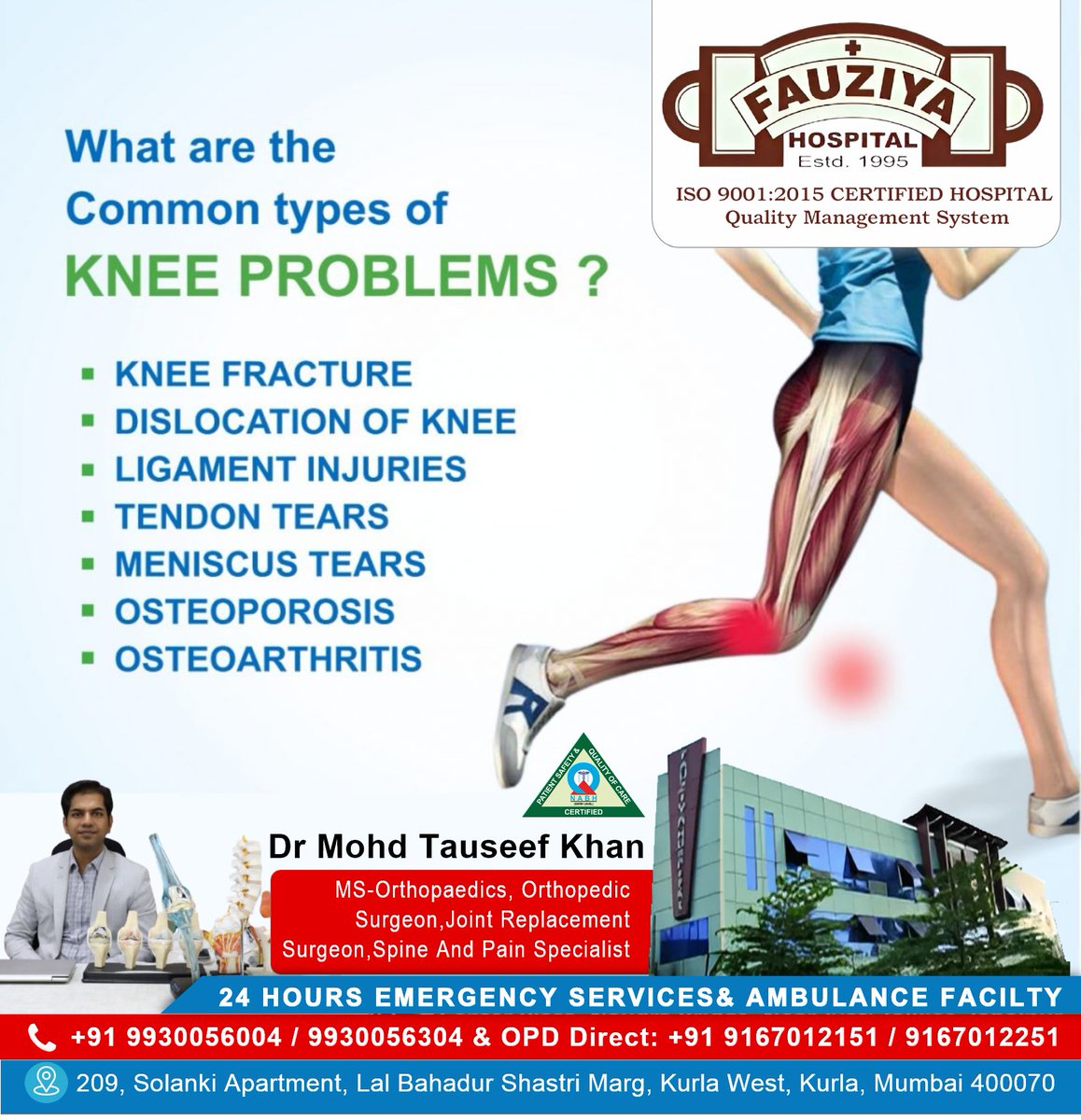 FHospital54763's tweet image. 🦵 Common Types of Knee Problems 🦵 
If you&apos;re experiencing knee pain, it&apos;s important to recognize the signs. 
For expert care, consult Dr. Mohd Tauseef Khan, MS-Orthopaedics
#KneeProblems #OrthopedicCare #FauziyaHospital #JointHealth #EmergencyServices #KneeFracture #Kurla