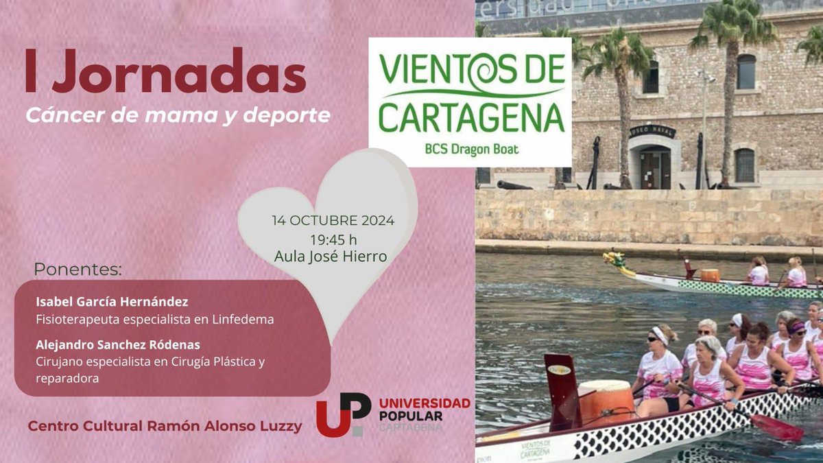 Desde Vientos de Cartagena nos complace invitaros a las I Jornadas de cáncer de mama y deporte, coincidiendo con la semana del día Internacional del cáncer de mama. 
*Se llevará a cabo el día 14 de octubre a las 19:45 *Centro Cultural Ramón Alonso Luzzy en el aula José Hierro.