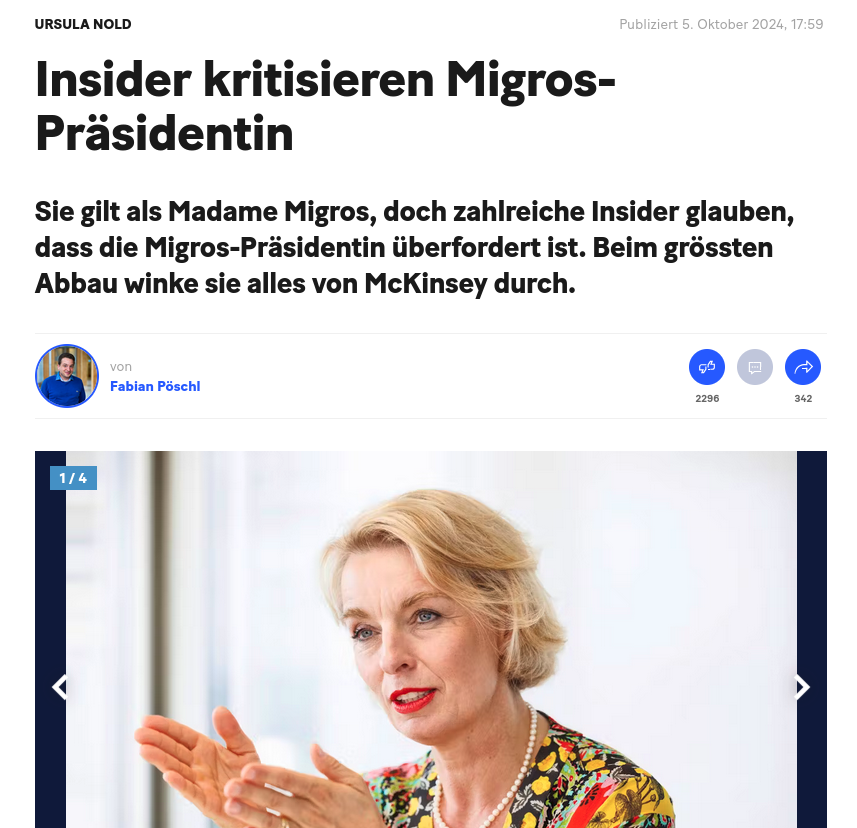 Das Beratungsunternehmen McKinsey, das Millionen kassierte, um die Swissair zu ruinieren, kassiert nun Millionen, um die Migros zu ruinieren.

Fun Fact: McKinsey berät die Migros seit rund 20 Jahren. Viele Migros-Manager sind Ex-McKinsey-Leute.

Alle Probleme, die McKinsey bei