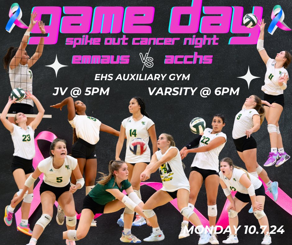 EmmausGirlsVB's tweet photo. Spike Out Cancer game tonight! All proceeds raised will be given to a current EHS student who is battling this horrible disease. Come out to support this amazing cause. https://t.co/QFeMRSL7wf