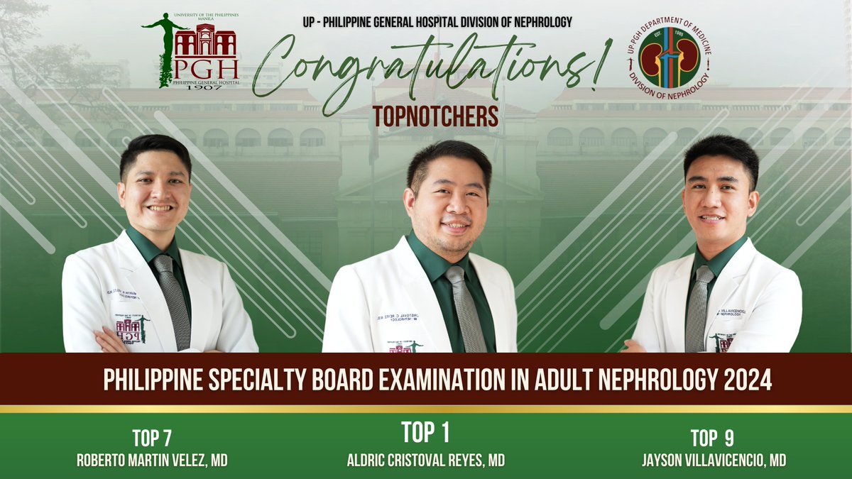 uppghnephrology's tweet photo. Congratulations to our graduates Dr. Aldric Cristoval Reyes (Top 1), Dr. Roberto Martin Velez (Top 7), and Dr. Jayson Villavicencio (Top 9) for their exemplary performance on the latest board exams. Your well-deserved achievements inspire us all! https://t.co/DYwH64XfBc
