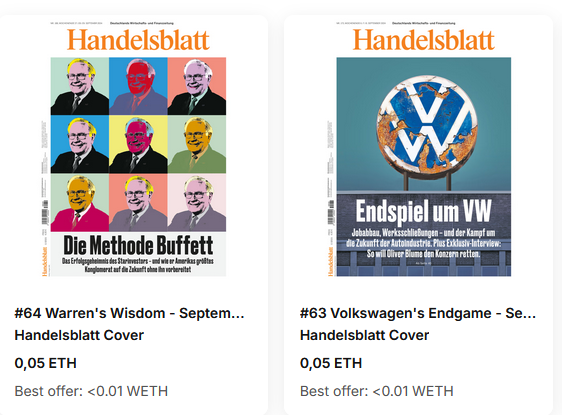 We have fresh covers ready to be minted in our <a href="/handelsblatt/">Handelsblatt</a> NFT Club! Each cover gives you benefits like quaterly raffles to big conferences. One title is about VW, the other about an investor legend (take a look <a href="/nullinger/">warrenhimself 🎟💚</a> ) ;-) Lenk to the collection: opensea.io/collection/han…