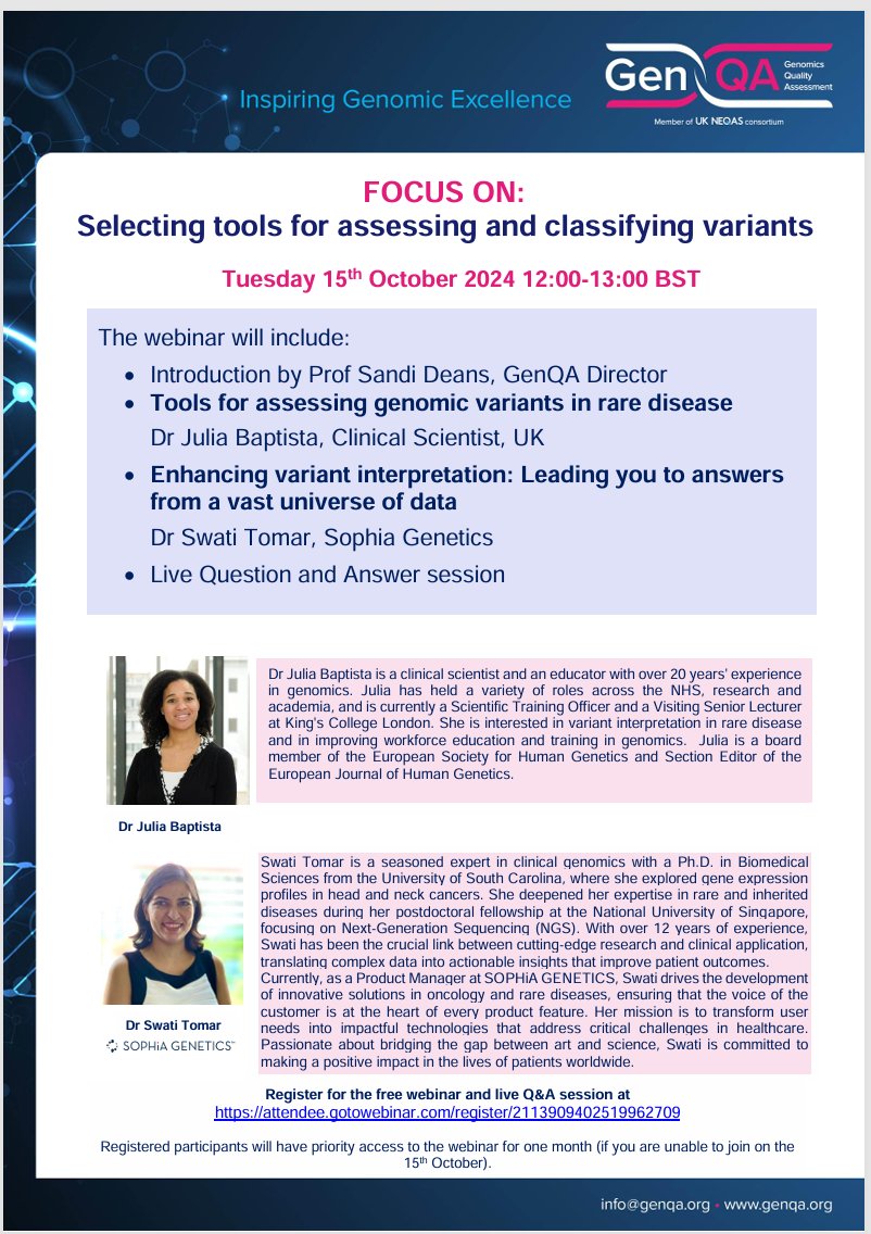 One week to go for our next Focus On webinar 'Selecting tools for assessing and classifying variants' presented by guest speakers Dr Júlia Baptista PhD and Dr Swati Tomar. 

Please register at attendee.gotowebinar.com/register/21139…

#EQA #Quality #Genomics #Variants #Webinar <a href="/SOPHiAGENETICS/">SOPHiA GENETICS</a>