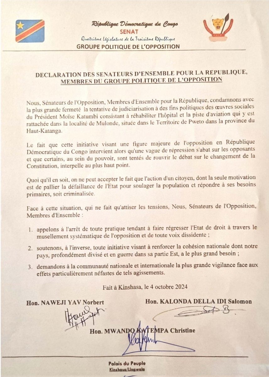 Salomon SK Della (@salomonkalonda) on Twitter photo La #RDC a besoin d'#apaisement de #cohesion, non de tension et de divisions.Â
Gardons-nous de tout acte aux effets inverses, comme la tentative de judiciarisation des Ćuvres sociales du PrĂ©sident <a href="/moise_katumbi/">Moise Katumbi</a>.
C'est l'appel que, Nous, SĂ©nateurs d'#opposition, lançons đđŸ La #RDC a besoin d'#apaisement de #cohesion, non de tension et de divisions.Â
Gardons-nous de tout acte aux effets inverses, comme la tentative de judiciarisation des Ćuvres sociales du PrĂ©sident <a href="/moise_katumbi/">Moise Katumbi</a>.
C'est l'appel que, Nous, SĂ©nateurs d'#opposition, lançons đđŸ