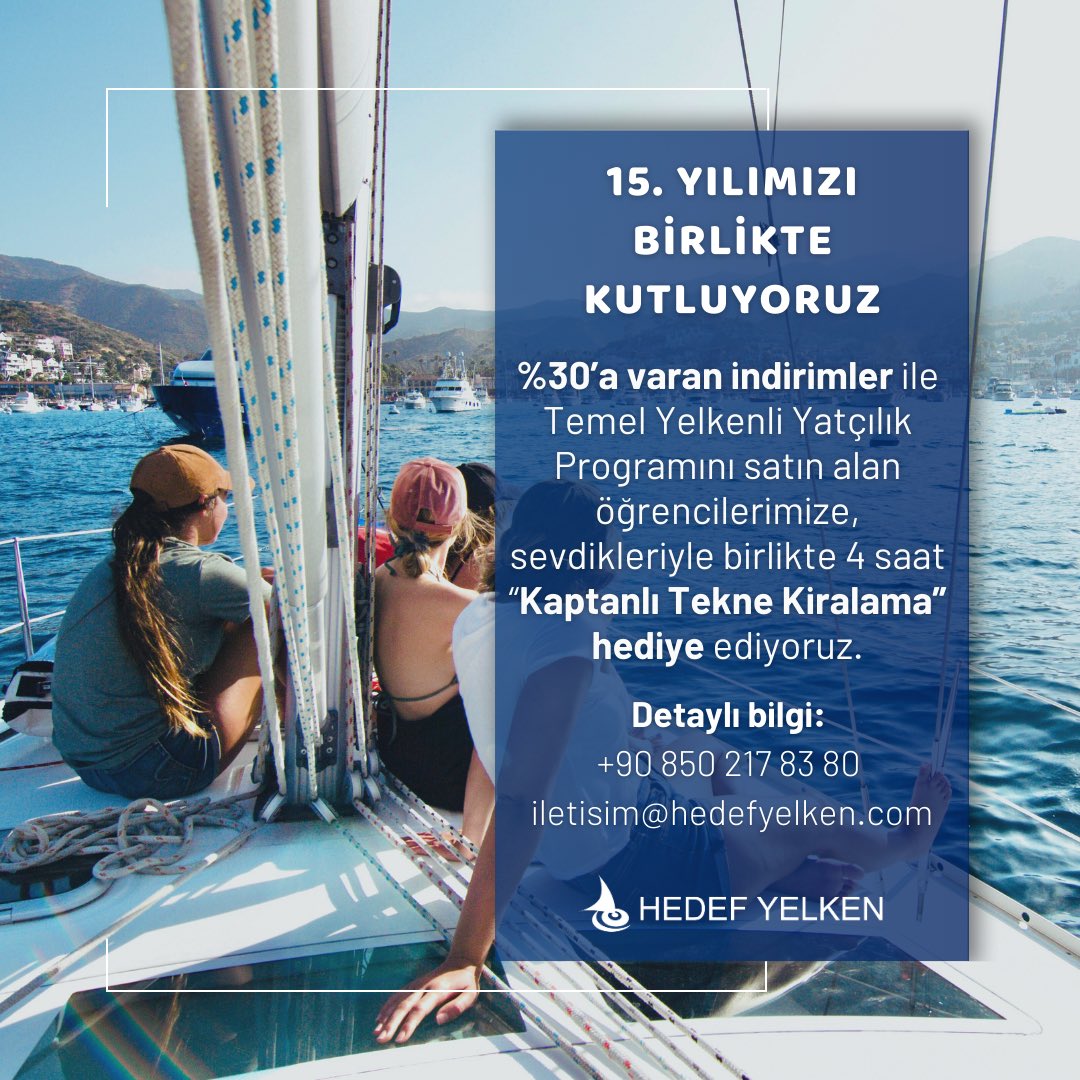 ⛵️ 15. Yılımızı Birlikte Kutlayalım

Hedef Yelkenin 15. Yılına özel Temel Yelkenli Yatçılık Programını satın alan öğrencilerimize, sevdikleriyle kullanabileceği 4 saat “Kaptanlı Tekne Kiralama“ hediye ediyoruz. 

📞 +90 850 217 8380