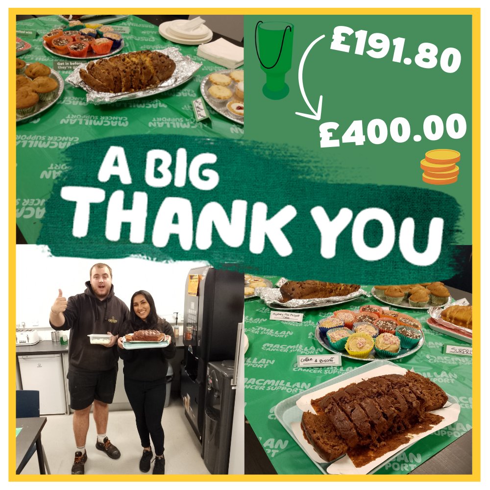 Congratulations to all the team here for raising an awesome £191.80 for Macmillan Cancer Support with our annual coffee morning. With the company's support, that will be a total of £400.00 going to help the 3 million people in the UK living with cancer.