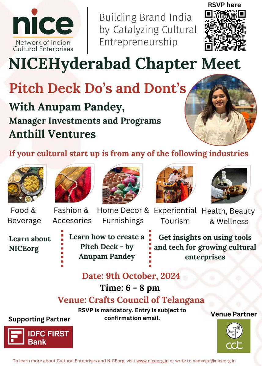 NICEorg (@niceorg) on Twitter photo NICEHyderabad Chapter Meet
Join Anupam Pandey, Manager Investments and Programs from <a href="/AnthillVentures/">Anthill Ventures</a> to perfect your vision at "PITCH’er Perfect."
Date: Wednesday, October 9th
Time: 6 pm - 8 pm
Location: Crafts Council of Telangana (g.co/kgs/qmJjsj5)
RSVP today to NICEHyderabad Chapter Meet
Join Anupam Pandey, Manager Investments and Programs from <a href="/AnthillVentures/">Anthill Ventures</a> to perfect your vision at "PITCH’er Perfect."
Date: Wednesday, October 9th
Time: 6 pm - 8 pm
Location: Crafts Council of Telangana (g.co/kgs/qmJjsj5)
RSVP today to