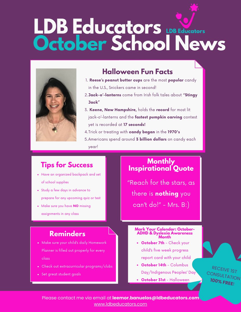 ldb_educators's tweet photo. 🌟As we are now in fall, please find your monthly update on holiday fun facts, new school tips and reminders, and the monthly inspirational quote from LDB Educators!🌟#tutor #viral #moms #education #school #information #learning #teaching #dads #students #positivity #halloween https://t.co/hUkMDmqkAU
