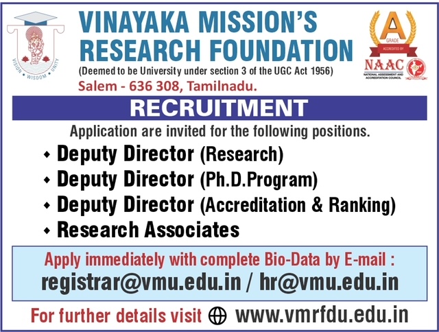 vmrf_srbs's tweet image. Exciting Career Opportunities at Vinayaka Mission's Research Foundation! 
We are hiring for: Deputy Director (Research, Ph.D. Program, Accreditation &amp;amp; Ranking), Research Associates
Send Bio-Data: registrar@vmu.edu.in|hr@vmu.edu.in
#srbs #VMRF #vmrfdu #jobopportunity #Recruitment