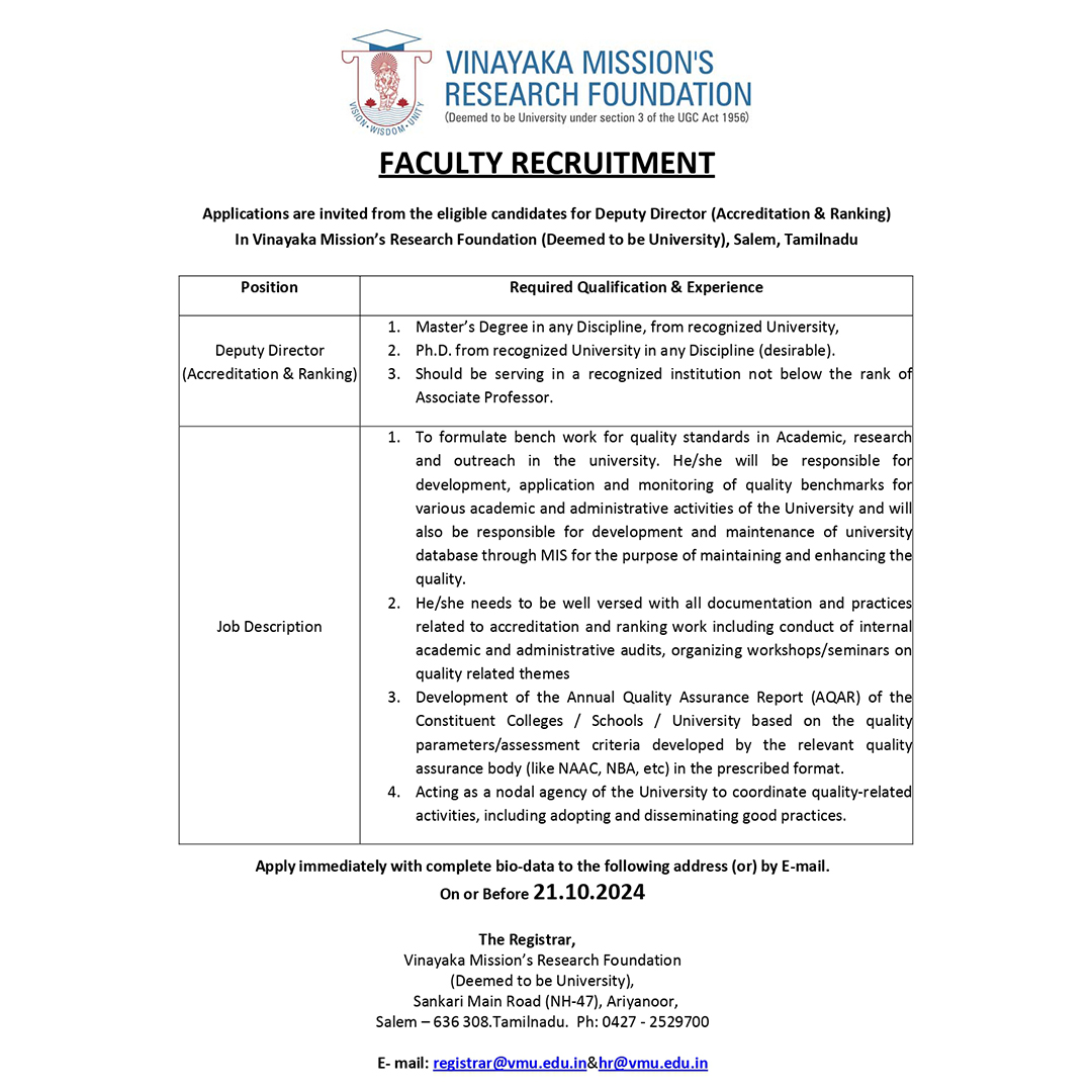 vmrf_srbs's tweet image. Exciting Career Opportunities at Vinayaka Mission's Research Foundation! 
We are hiring for: Deputy Director (Research, Ph.D. Program, Accreditation &amp;amp; Ranking), Research Associates
Send Bio-Data: registrar@vmu.edu.in|hr@vmu.edu.in
#srbs #VMRF #vmrfdu #jobopportunity #Recruitment