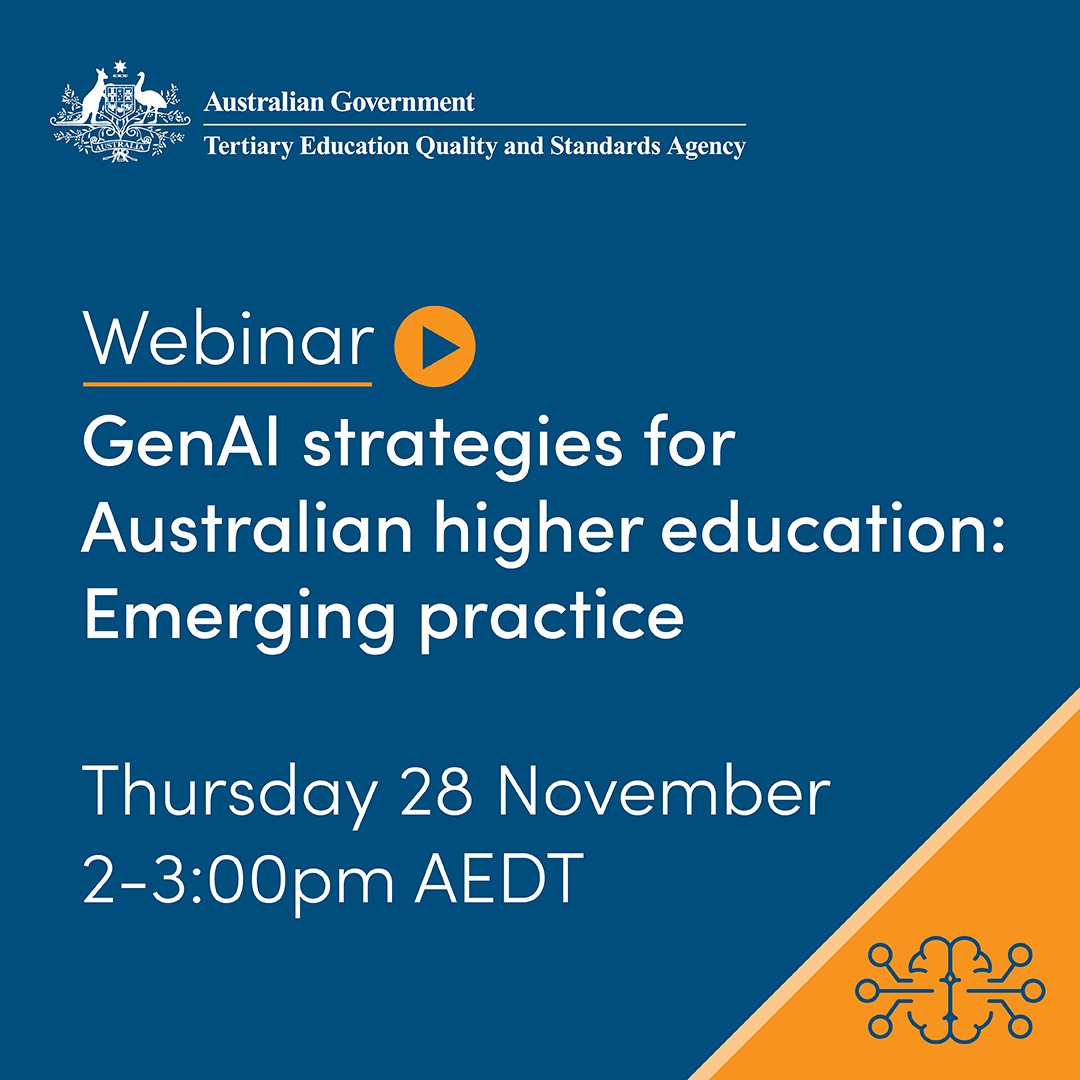 TEQSA (@teqsagov) on Twitter photo Join us on 28 November for the launch of our toolkit Gen AI strategies for Australian higher education: Emerging practice. A new resource to support the sector, which has been informed by TEQSA’s request for information.
 
Register - us06web.zoom.us/webinar/regist…
#GenAI #HigherEd Join us on 28 November for the launch of our toolkit Gen AI strategies for Australian higher education: Emerging practice. A new resource to support the sector, which has been informed by TEQSA’s request for information.
 
Register - us06web.zoom.us/webinar/regist…
#GenAI #HigherEd