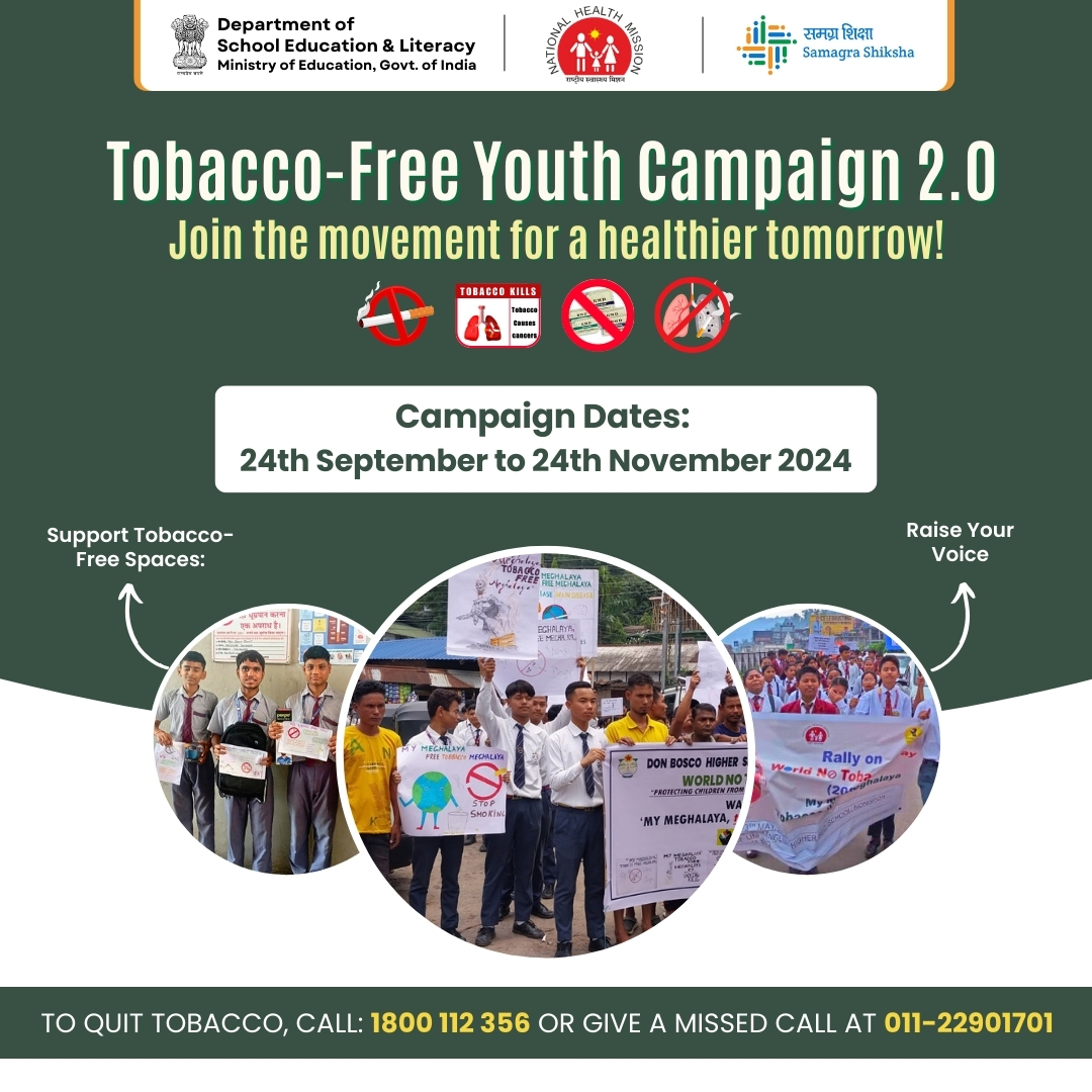 EduMinOfIndia's tweet image. Tobacco kills half its users, many starting in their teens. It's time to break the cycle! 🚭
Join the Tobacco-Free Youth Campaign 2.0 and choose a healthier tomorrow.
📅 From 24th September to 24th November 2024
📞 Ready to quit? Call 1800 112 356 or give a missed call at…