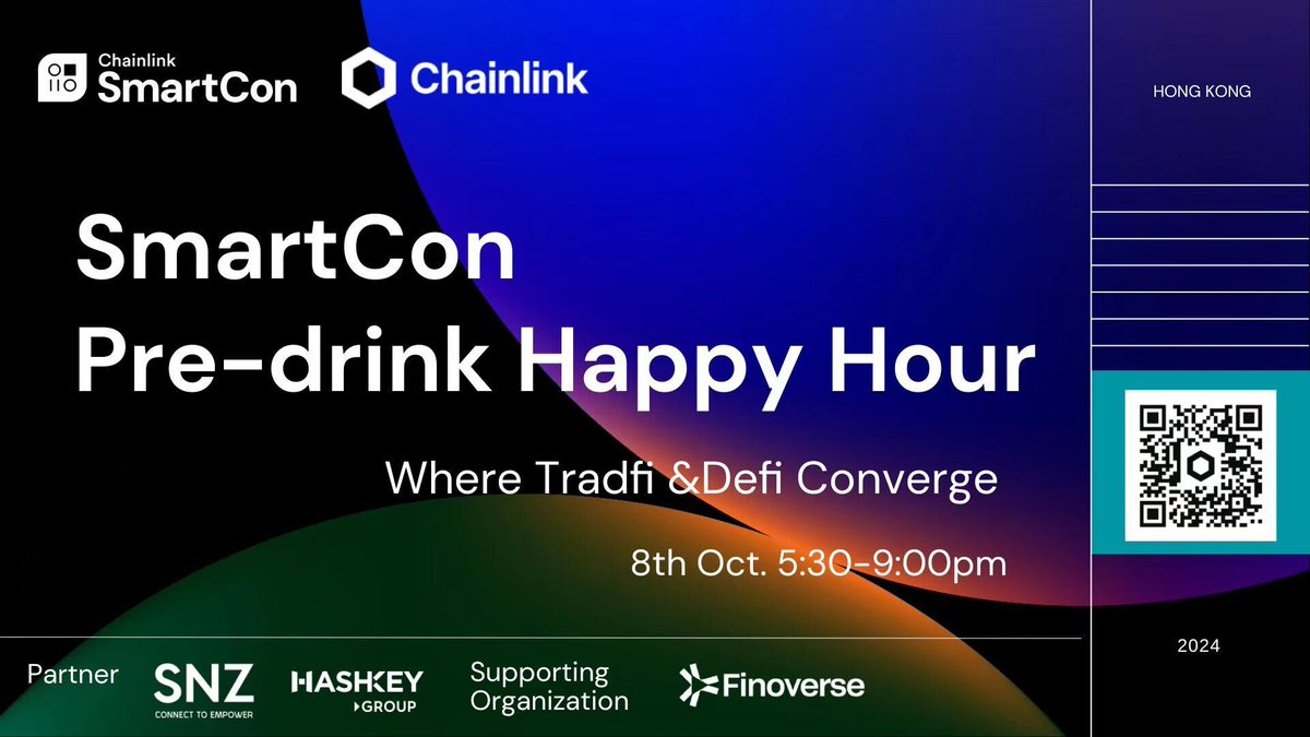 Get a head start on Hong Kong FinTech Week with <a href="/finoverse/">finoverse</a>, the official event organiser of #HKFTW!  We're supporting an exclusive SmartCon pre-drink happy hour on Oct 8th in Central, hosted by <a href="/chainlink/">Chainlink</a>  &amp; #SmartCon, also supported by #SNZ &amp; <a href="/HashKeyGroup/">HashKey Group</a>.  Connect with fellow