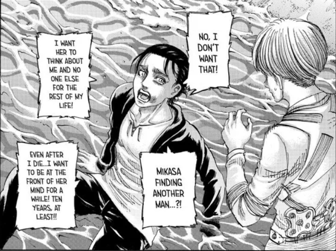 LadyBelleelmore's tweet photo. I truly love when authors take male self-insert characters &amp; turns them into the very thing these men hate. Eren being a classic example, where his demeanour was praised &amp; idolized. But, Isayama showed his vulnerable sides without filter &amp; it made many angry. I love this panel. https://t.co/Qar5yvyISz