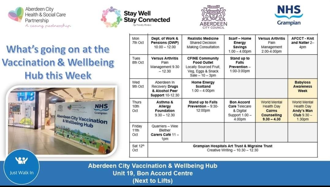What's on at the Aberdeen Vaccination &amp; Wellbeing Hub next week - 7th - 12th October.   We are located in the Bon Accord Centre next to the lifts.  All community partner stalls are located in the community cafe area - Just walk in. <a href="/nhsgrampian/">NHS Grampian</a>