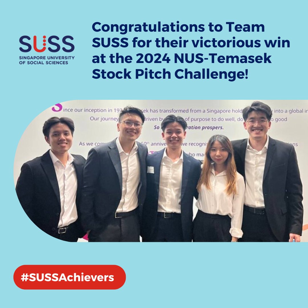 #SUSSAchievers: 😎 Congratulations to SUSS teams LC24 and LMC Capital for winning the 2024 NUS-Temasek Stock Pitch Challenge! Both teams expressed gratitude to the SUSS Investment Group for their invaluable support.
