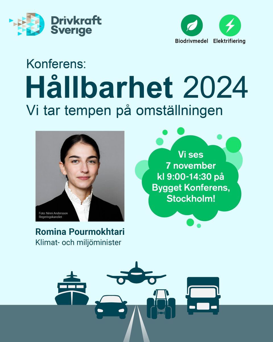 DrivkraftS's tweet photo. Välkommen till Hållbarhet 2024 där vi tar tempen på omställningen från fossilt till fossilfritt inom transportsektorn!  Vi ses den 7 november!
https://t.co/pC2e382ZfC https://t.co/vsEGMND0JY