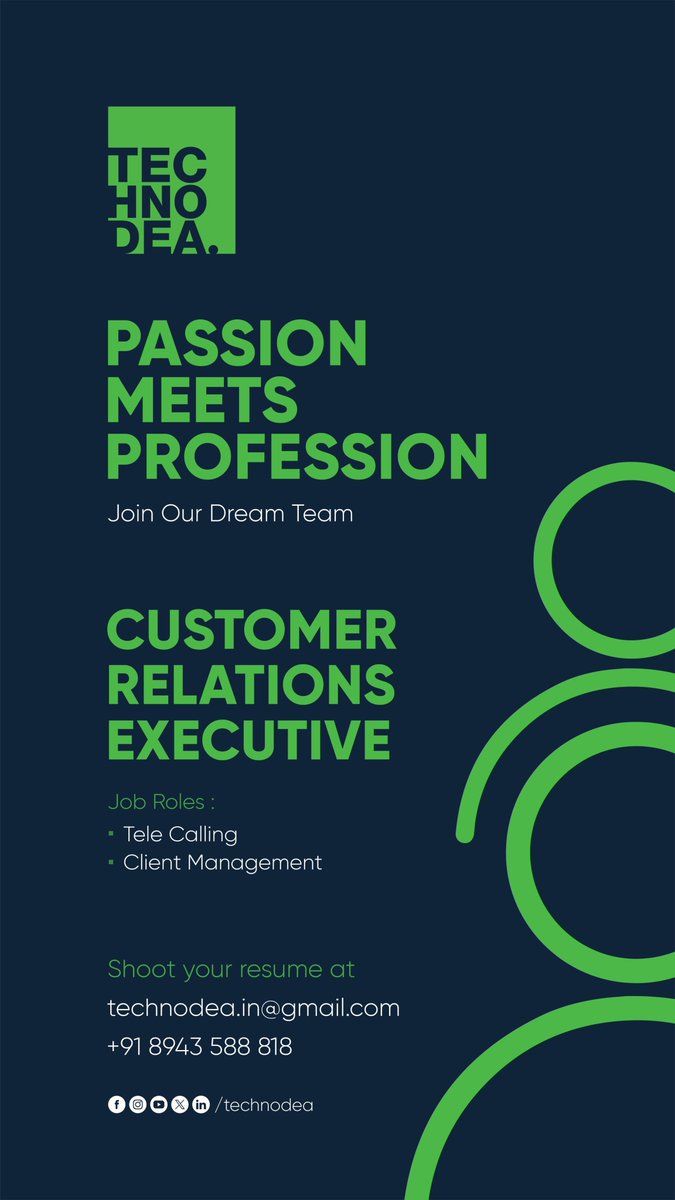 Technodea2023's tweet photo. 🎯 PASSION MEETS PROFESSION
🚀 JOIN OUR TEAM

💼 CUSTOMER RELATIONS EXECUTIVE

🔹 Job Roles:
📞 Telecalling
🤝 Client Management

Be part of something bigger! 🌟

📧 technodea.in@gmail.com
📞 Contact us: +91 8943588818

#CustomerRelations #JobOpening #JoinOurTeam https://t.co/hHUsDGJDiR
