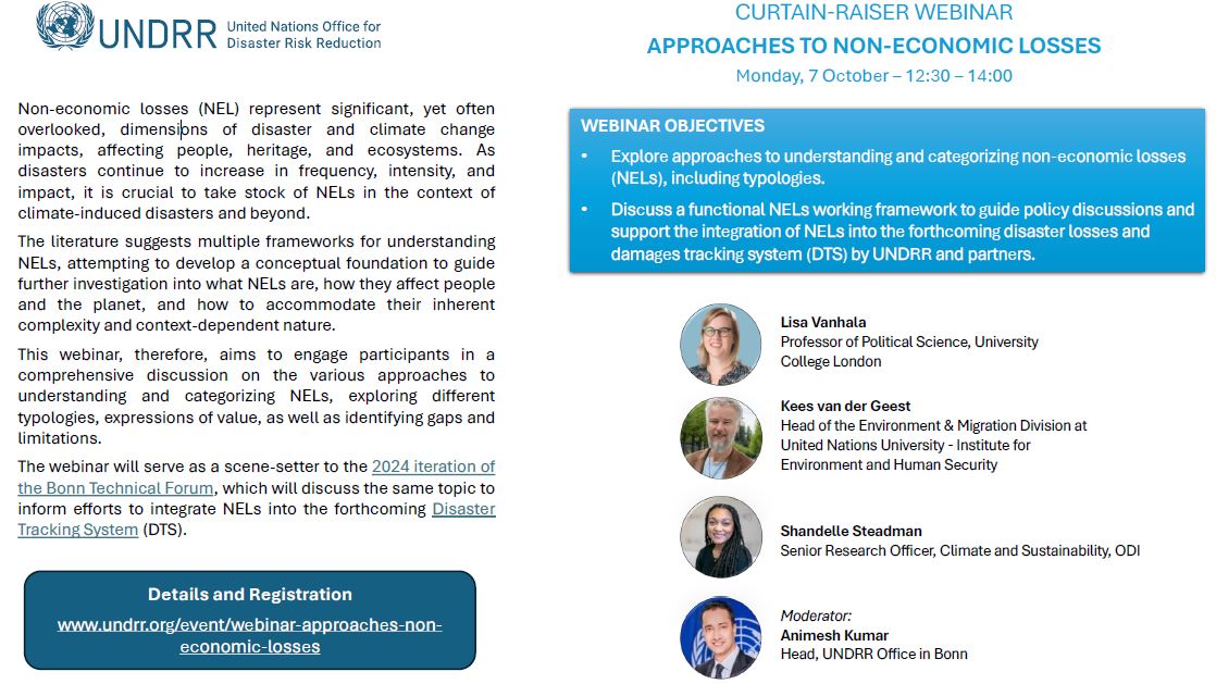 📢📢Happening today, 12:30-14:00 cet: Webinar on Non-Economic #LossesAndDamages in preparation of the Bonn Technical Forum 2024 on the same topic. We hope to make progress towards integrating #NELD in the Disaster L&amp;D tracking system. 

Registration: undrr.org/event/webinar-…
