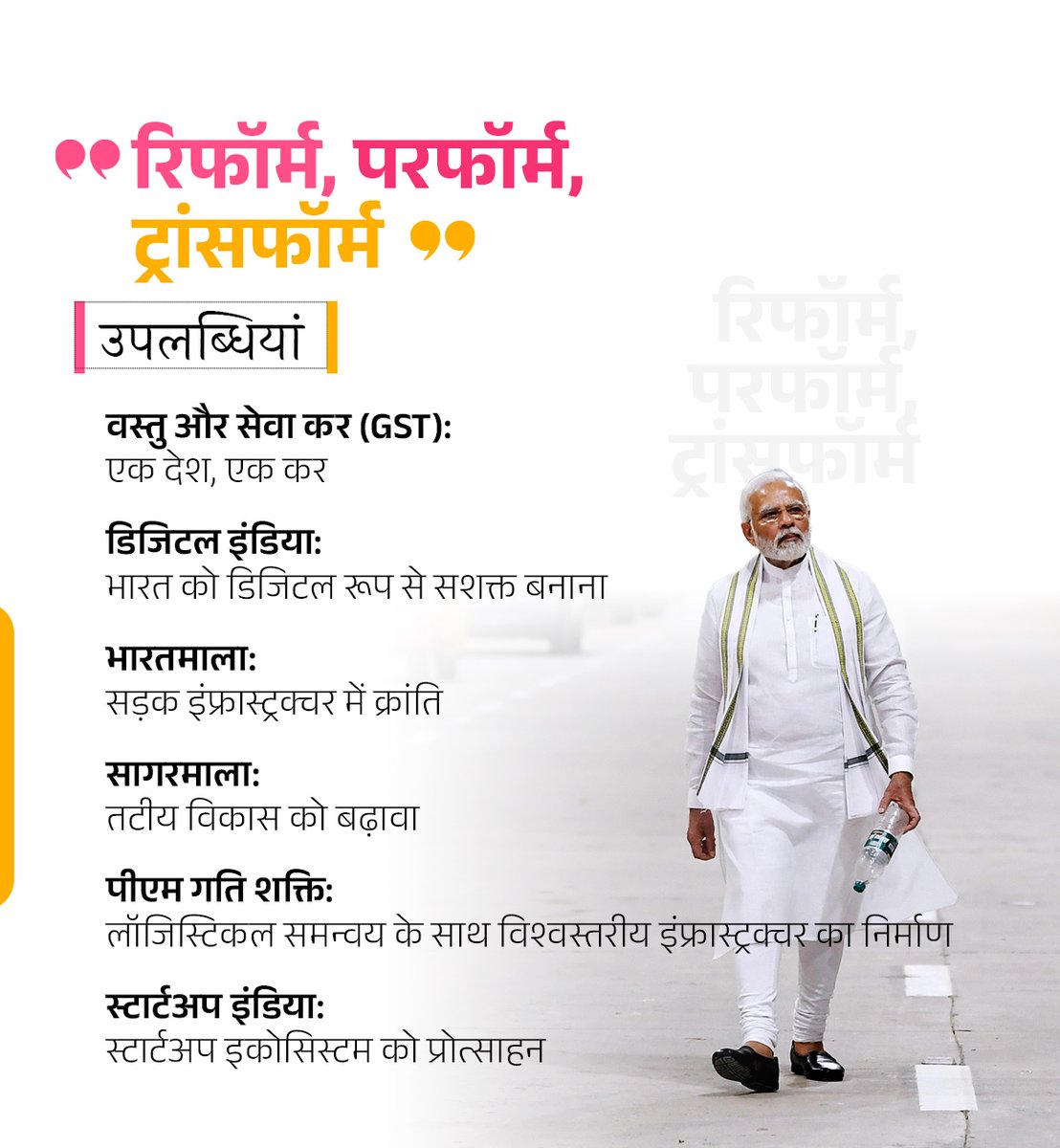 AmitShahOffice's tweet photo. प्रधानमंत्री श्री @narendramodi जी ने जीएसटी, डिजिटल इंडिया, भारतमाला, सागरमाला, PM गति शक्ति और स्टार्टअप इंडिया जैसी पहलों के माध्यम से सुशासन का एक नया युग आरम्भ किया है।#23YearsOfSeva https://t.co/hS33MWt1k8