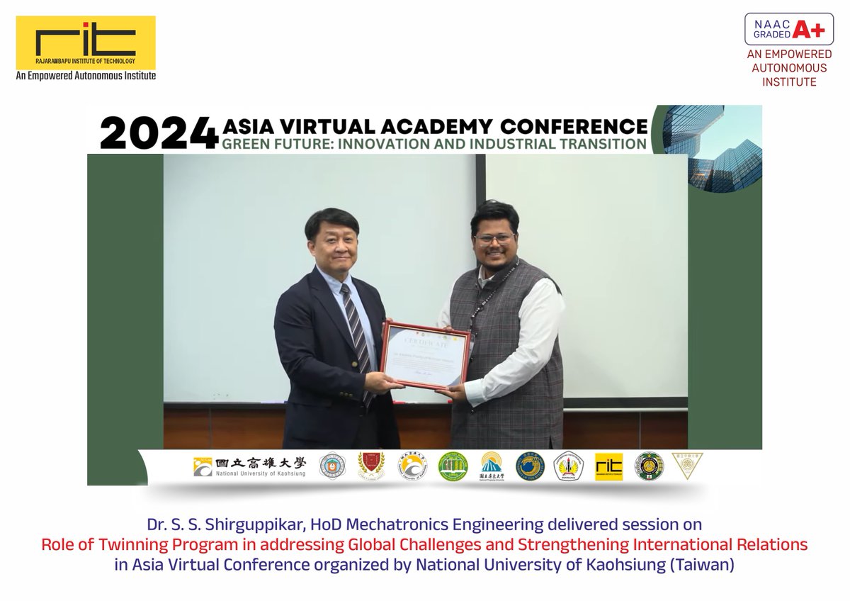 ritindia1983's tweet image. Honored to represent Rajarambapu Institute of Technology (RIT) at the Asia Virtual Academy Conference, co-hosted by RIT at National University of Kaohsiung (NUK), Taiwan! 

#RIT #NUK #AsiaVirtualAcademy #InternationalCollaboration #KnowledgeSharing