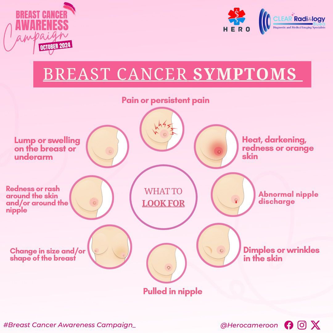 On Todays edition on our breast cancer awareness series…here are some signs and symptoms related to breast cancer 

#earlydetectionsaveslives
#timeformammogram
#pinkoctober

#HERO
#clearradiologybuea