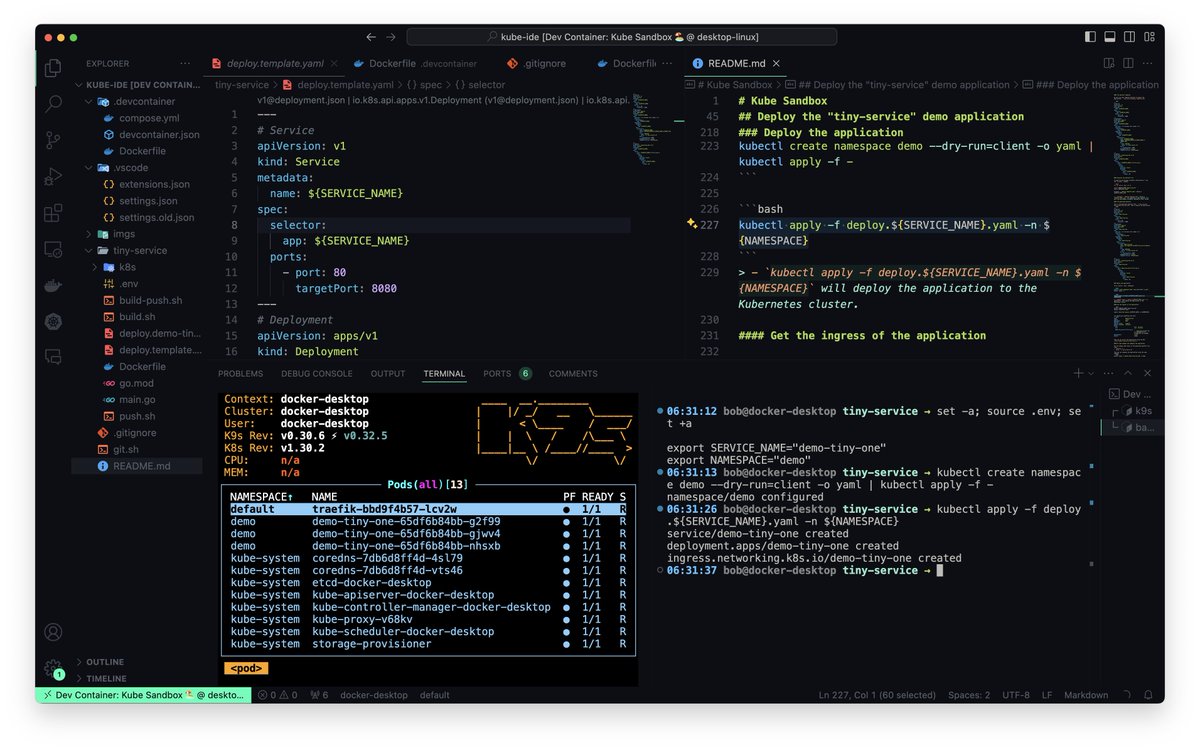 k33g_org's tweet image. My morning demo:
This is a #DevContainer project using @Docker #Compose, and the standalone #Kubernetes cluster included into @Docker #Desktop