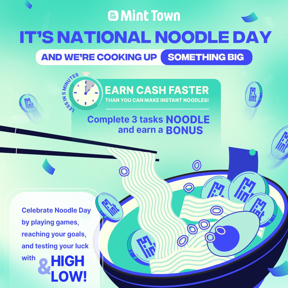 MMO_cash's tweet photo. 🍜 Today 10/6 is National Noodle Day, and we’re cooking up something BIG! 🍜

Did you know you can earn cash faster than you can make instant noodles? ���💸 Yup, we’re serious! Whether you love ramen, spaghetti, or mac & cheese, today’s the perfect day to get PAID for your tasks while slurping on some noodles. 😋🍜

🔥 Here’s the deal:
Complete 3 tasks and earn yourself a NOODLE BONUS! 🍜💰
Play a game, reach your goals, and test your luck with HIGH&LOW – all while celebrating Noodle Day! 🎮🍜

Who knew making money could be this delicious? 🤤 Comment below with your favorite noodle emoji and start earning now! 🍲👇

#NationalNoodleDay #NoodleBonus #EarnWhileYouEat #MintTownMagic #InstantCashLikeNoodles #GetPaidToPlay #HighAndLowChallenge #TaskAndTaste #PlayToWin #SlurpAndEarn