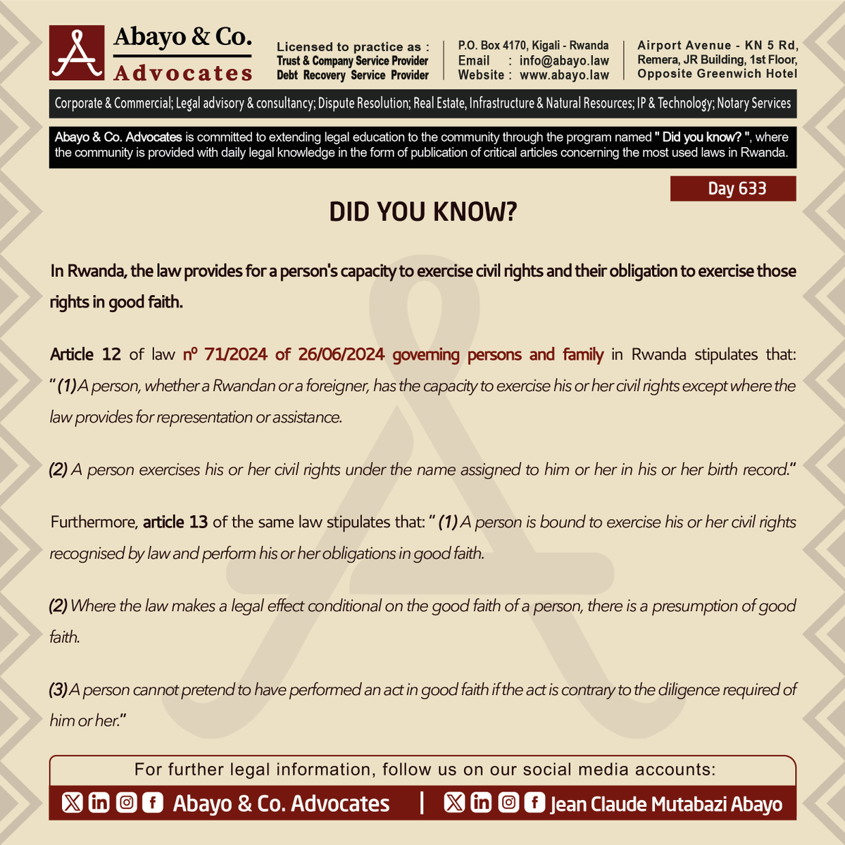 Abayo_Advocates's tweet photo. ◉  Are you aware of a person's capacity to exercise civil rights?

◉  Are you aware of a person's obligation to exercise civil rights in good faith?

This is what the law provides 👇🏽 

#ReadtoKnowtheLaws #SomaUmenyeAmategeko #TumenyeAmategekoAtugenga #bestlawfirminrwanda #bestlawyersinrwanda #Lawyersnearme #law #Rwanda #Rwandan #Rwandans #kigali #RwOT @AbayoClaude @mutesi_lydie @RegIsheja @keza_carine @shem5placide @NanaNazzo @Beatrice_Uwera