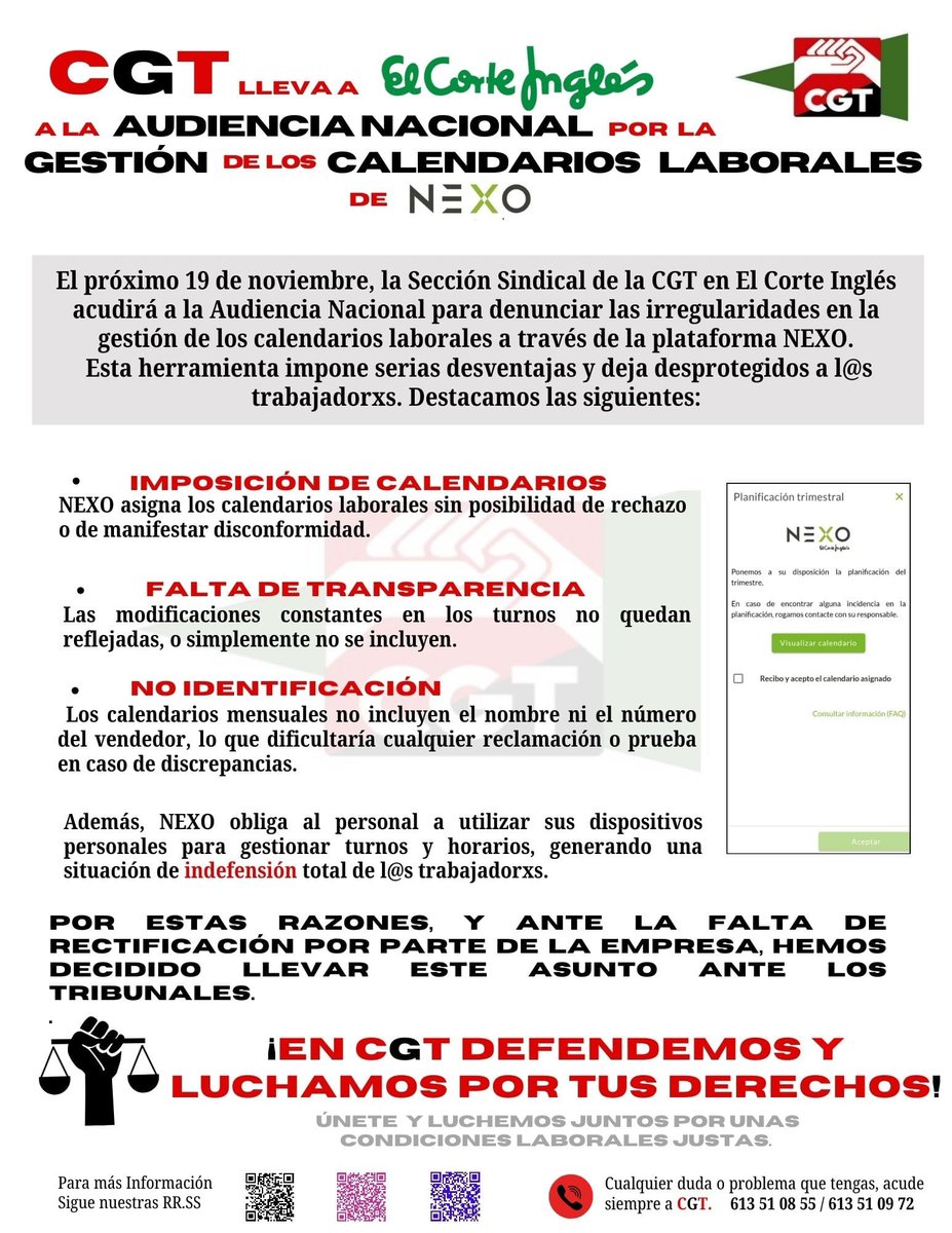 🚨 CGT lleva a #ElCorteinglés ante la Audiencia Nacional 🚨

❌ Imposición de calendarios .
❌ Modificación de horarios a la carta.
❌ Falta de transparencia.
❌ Indefensión total de l@s trabajadorxs

¡Basta ya de abusos! ✊ CGT siempre Luchando.
#CGT 
#Bastadeexplotación