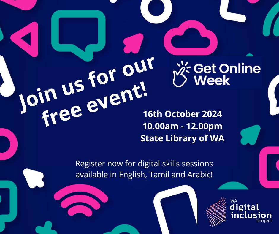Get involved in Get Online Week 2024! We will be hosting a Digital Skills Information Session at the State Library of Western Australia on October 16. Find out more and register here: events.humanitix.com/get-online-wee…