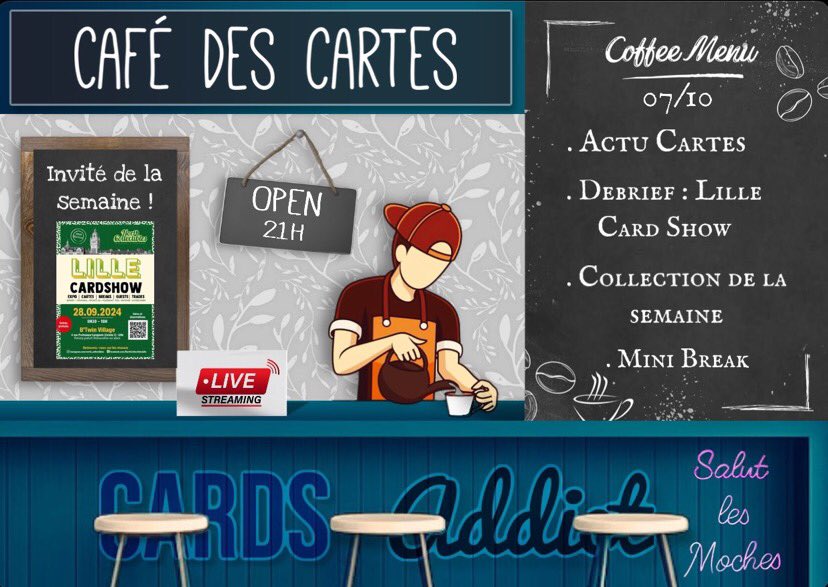 Gyl (@gylbret) on Twitter photo ☕️  le #CaféDesCartes ce soir à 21h en live Twitch et YouTube. 
On revient sur l’événement de cette rentrée le <a href="/LilleCardShow/">LilleCardShow</a> avec un invité organisateur. 
<a href="/nounoursgrospet/">Niko CardsAddict</a> nous prépare un break 🏈, <a href="/Chaussette152/">Mᴀᴅᴀᴍᴇ Chaussette 🧦</a> rassemble les infos et <a href="/Carat_Creation/">CARAT Creation</a> nous peaufine les visuels ☕️  le #CaféDesCartes ce soir à 21h en live Twitch et YouTube. 
On revient sur l’événement de cette rentrée le <a href="/LilleCardShow/">LilleCardShow</a> avec un invité organisateur. 
<a href="/nounoursgrospet/">Niko CardsAddict</a> nous prépare un break 🏈, <a href="/Chaussette152/">Mᴀᴅᴀᴍᴇ Chaussette 🧦</a> rassemble les infos et <a href="/Carat_Creation/">CARAT Creation</a> nous peaufine les visuels