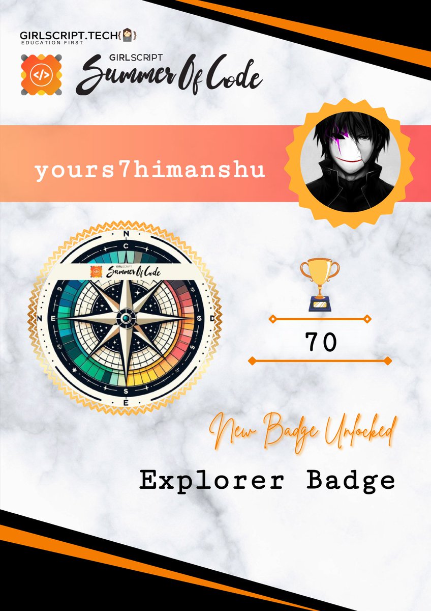 _yours_majesty's tweet image. Excited to share that I earned the Explorer Badge within just 2 days at @GirlScriptSo! 🚀 Had two PRs merged, one for a Level 3 issue and another for Level 2. Loving this experience of contributing and learning! 🌟 #OpenSource #GirlscriptSoC #GSSoC #CodingJourney
