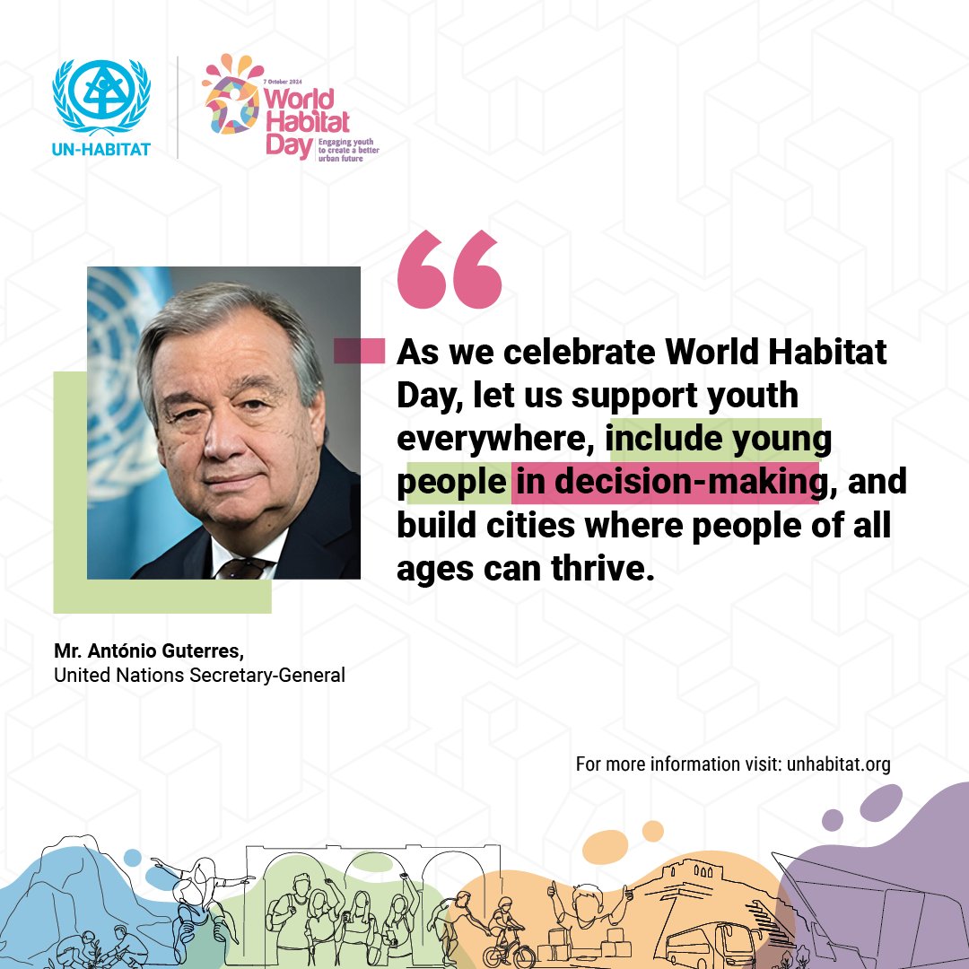 "As we celebrate World Habitat Day, let us support youth everywhere, include young people in decision-making, and build cities where people of all ages can thrive."  

Message of the UN Secretary-General António Guterres on #WHD2024.  

Full statement: loom.ly/Iy49leQ