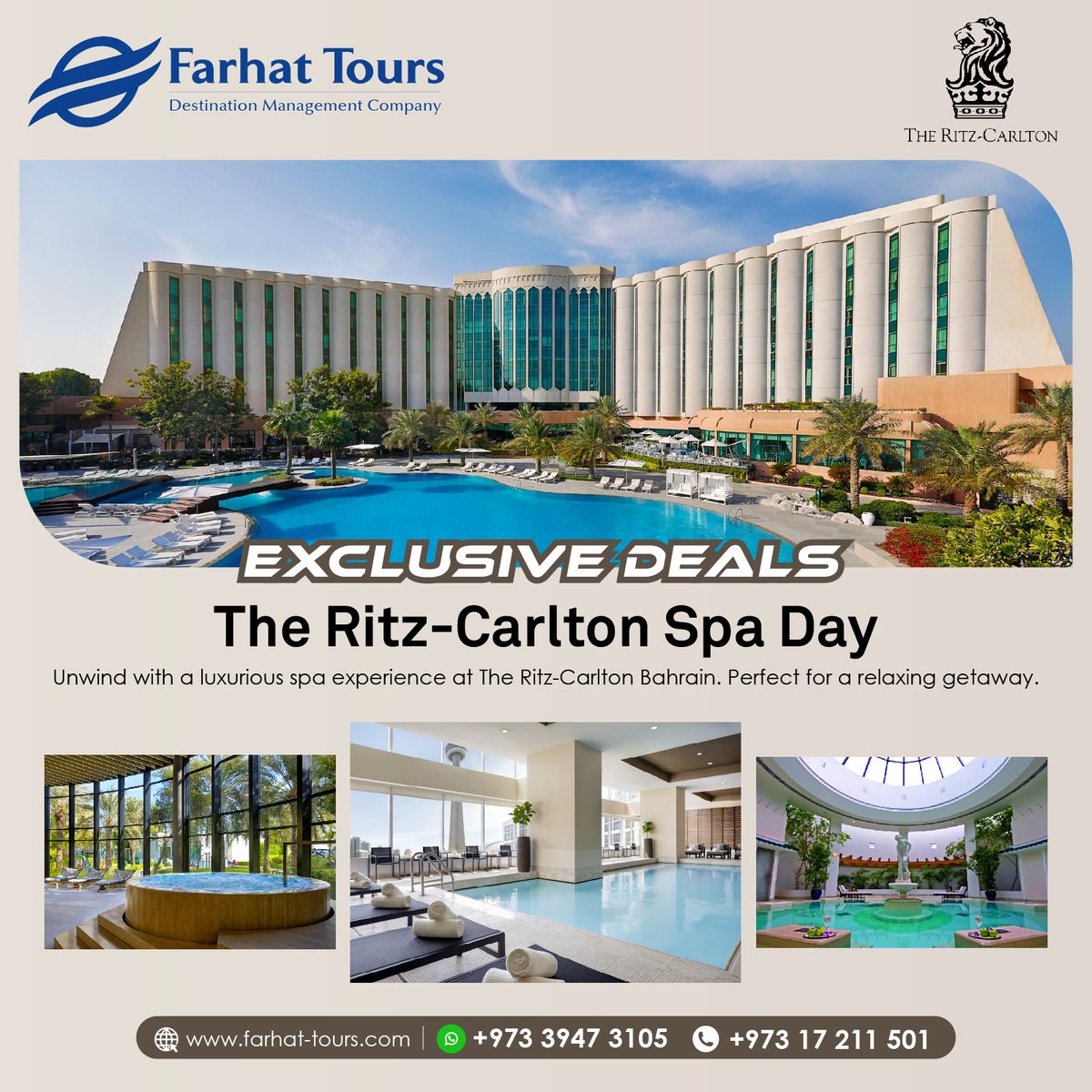 FarhatTours's tweet photo. Need a break from the hustle and bustle?  Our luxurious spa day at The Ritz-Carlton Bahrain is the perfect escape. 
#ritzcarltonbahrain #luxuryinbahrain #ritzcarltonexperience #bahrainhotels #5starluxury #ritzcarltonlife #ritzcarltonlifestyle #festiveoffer #offer  #farhattours https://t.co/Jab2dXMu4P