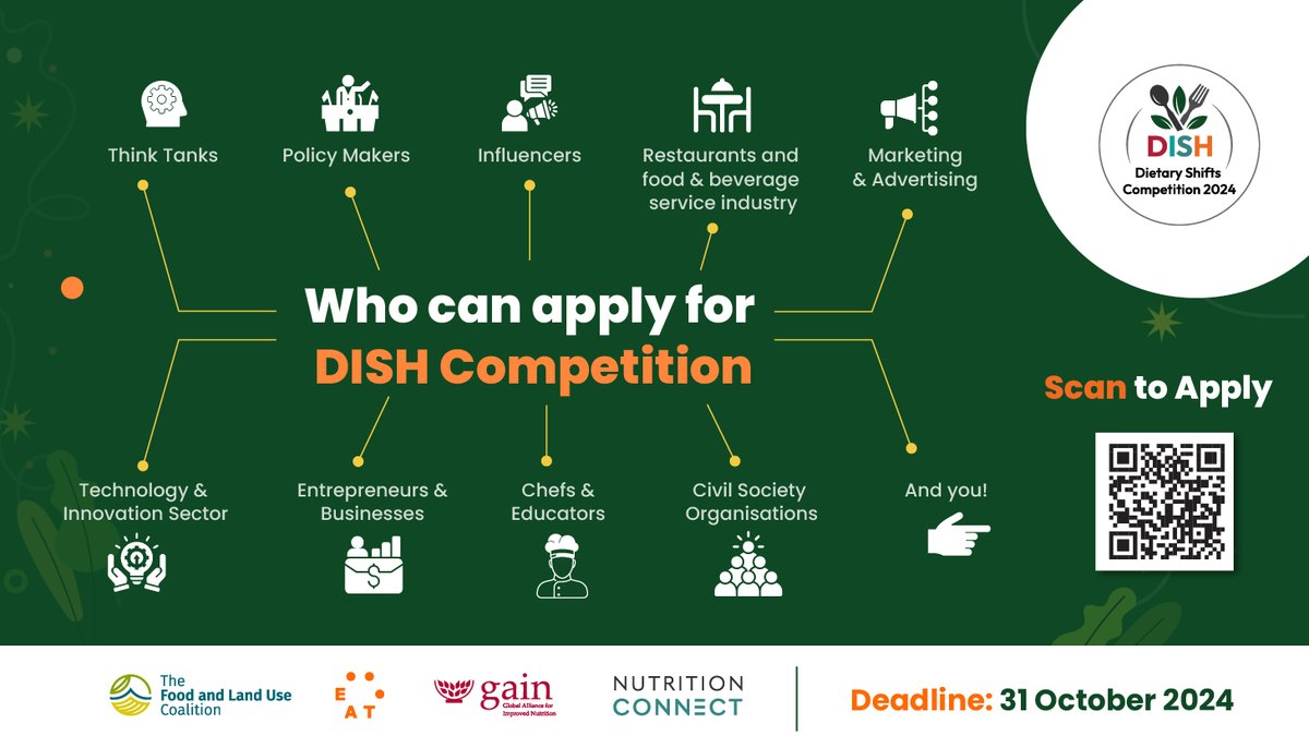 Are you a policy maker, chef, food service leader, food innovator, communicator, or marketer passionate about dietary improvements?

The #DISHCompetition2024 by <a href="/GAINalliance/">GAIN</a>, <a href="/EATforum/">EAT</a>, <a href="/FOLUCoalition/">Food and Land Use Coalition</a>, <a href="/NutritionConnex/">Nutrition Connect</a> is looking for YOU! 

Apply Now nutritionconnect.org/dish#