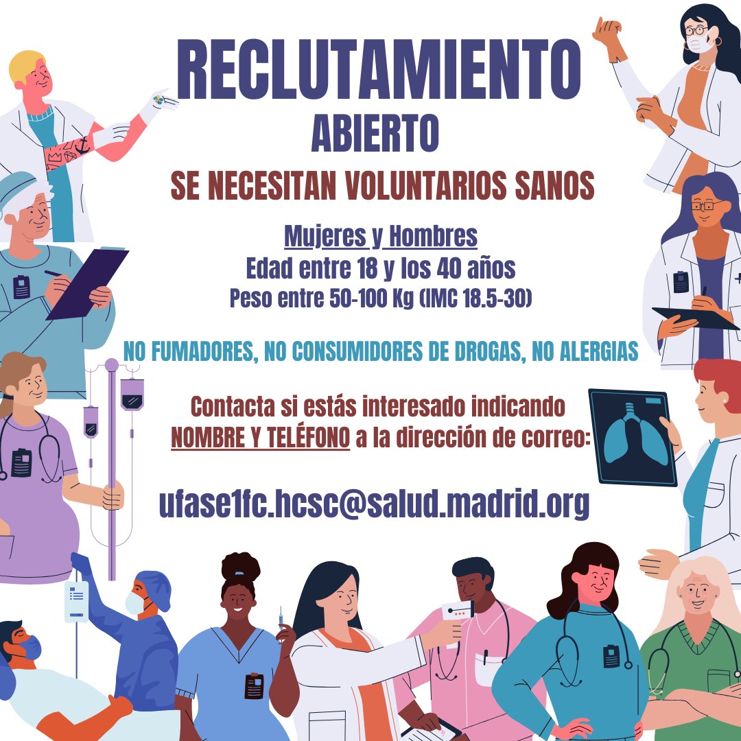 UnidadFaseIMad's tweet photo. ¡¡RECLUTAMIENTO ABIERTO!! Se necesitan voluntarios sanos: Mujeres y hombres Edad: 18 - 40 años Peso: 50-100 kg No fumadores🚭, no consumidores de drogas, no alergias. Contacta indicando tu nombre y teléfono de contacto a la dirección de correo📷: ufase1fc.hcsc@salud.madrid.org https://t.co/jNdHFzRxNh