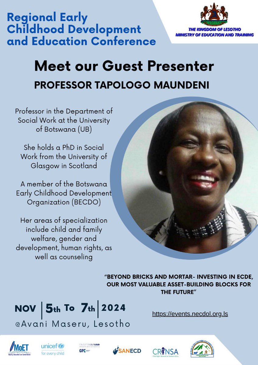 Meet our guest presenter....Professor Tapologo Maundeni.

Just weeks before registration closes....Hurry!

Register here: forms.gle/agaupi5MwTfKgY…

#EarlyMomentsMatter <a href="/Af_CEN/">Ali</a> #af_ecn #CRN_SA #ECDEConference2024