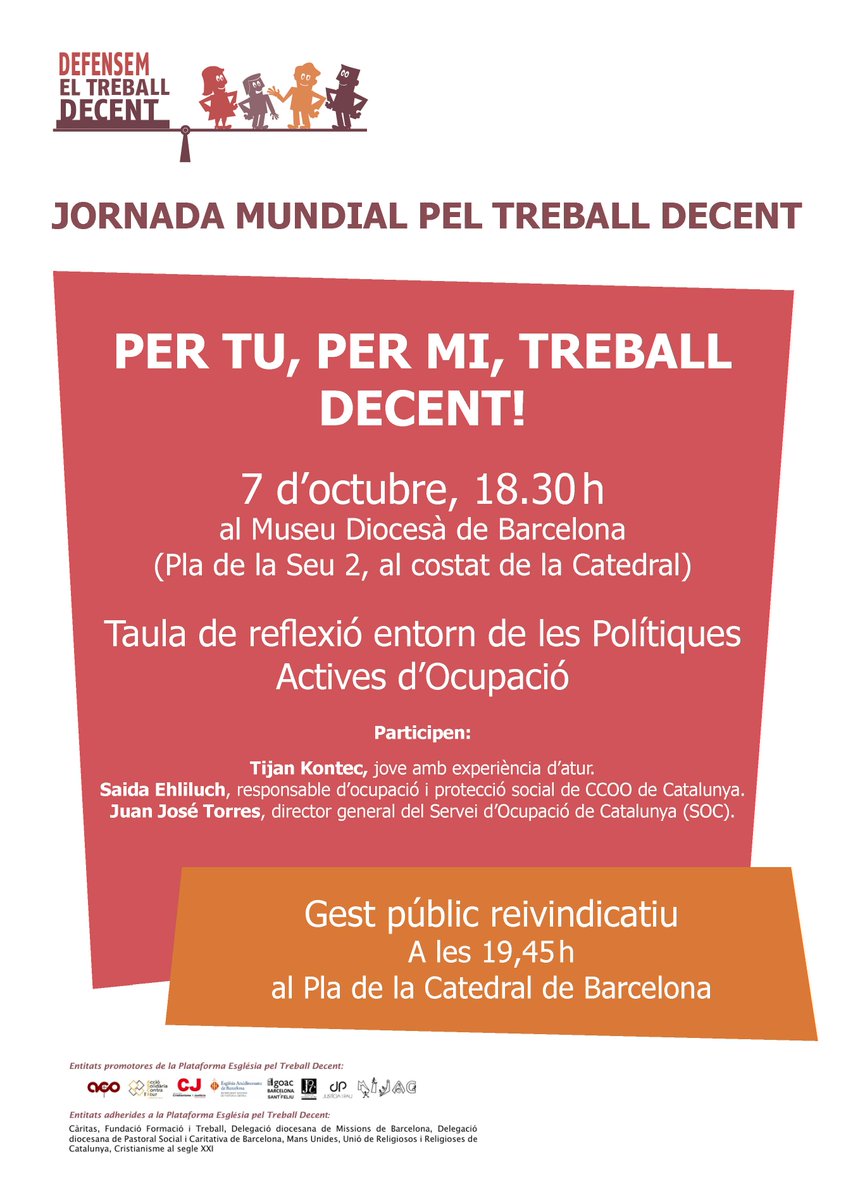 caritasbcn's tweet photo. 📢 Avui celebrem la Jornada Mundial pel Treball Decent i des de @caritasbcn t'animem a participar dels actes organitzats per reclamar oportunitats de feina dignes per tothom!

Per tu, per mi, treball decent!
#JornadaTreballDecent

Llegeix el manifest 👉 https://t.co/mB8lbyEEit https://t.co/j4ZiQCVuw2
