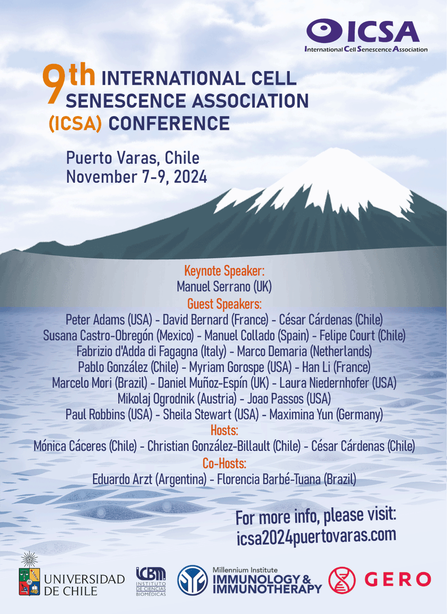 International Cell Senescence Association (@icsa_senescence) on Twitter photo Just 1 month until the <a href="/ICSA_senescence/">International Cell Senescence Association</a> meeting in Puerto Varas! #ICSAChile2024
icsa2024puertovaras.com Just 1 month until the <a href="/ICSA_senescence/">International Cell Senescence Association</a> meeting in Puerto Varas! #ICSAChile2024
icsa2024puertovaras.com