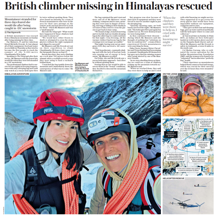 Tim Sigsworth (@tjsigsworth) on Twitter photo EXC: The extraordinary inside story of how pro climbers Fay Manners and Michelle Dvorak were saved 6,000 metres up a never-before-summitted Himalayan peak after being stranded for three days in -15C temperatures.
Only in <a href="/Telegraph/">The Telegraph</a>
telegraph.co.uk/news/2024/10/0… EXC: The extraordinary inside story of how pro climbers Fay Manners and Michelle Dvorak were saved 6,000 metres up a never-before-summitted Himalayan peak after being stranded for three days in -15C temperatures.
Only in <a href="/Telegraph/">The Telegraph</a>
telegraph.co.uk/news/2024/10/0…