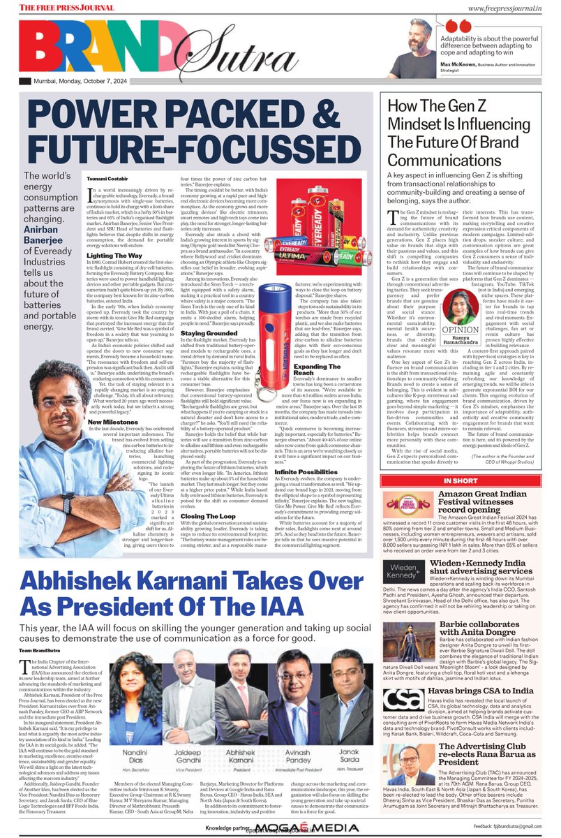 fpjindia's tweet photo. #BrandSutra | How @EvereadyIndia keeps up with the world's changing energy consumption pattern; Gen Z's influence on brand communications, and more.

Read: https://t.co/S9gQqw2T4q

@ramya1503 @ak_karnani @IAA__India @iaa_global @TsunamiCostabir

#BrandBuilding #branding #advertising