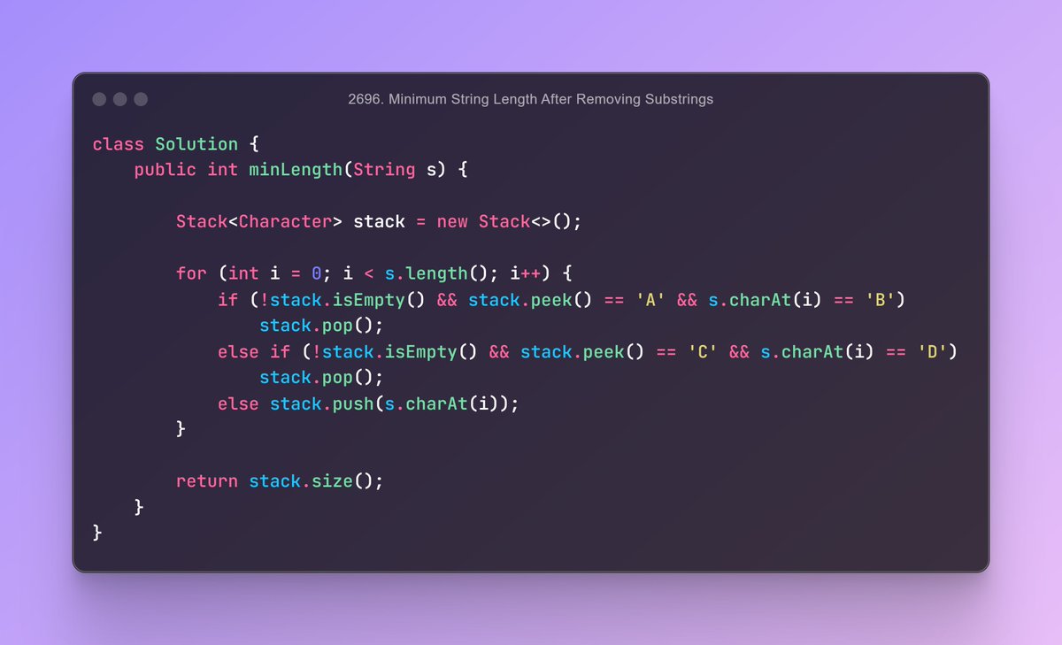 _Sanjay__kumar_'s tweet photo. // October 7, 2024, Monday       
// 2696. Minimum String Length After Removing Substrings
#leetcode #Coding_Sanjay #Java #daily_problem https://t.co/21XBlClxZY