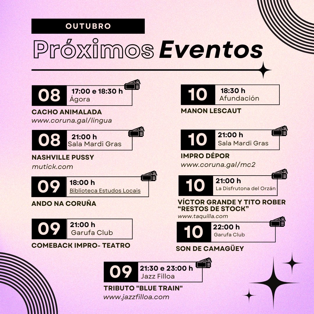 Non perdas #AxendaCultural desta semana! 

👉 Lembra que todos os xoves terás dispoñible a axenda da fin de semana para desfrutar de diferentes actividades culturais da Coruña.

🎟 Algúns dos eventos precisan entrada, consulta as diferentes webs e faite coa túa!