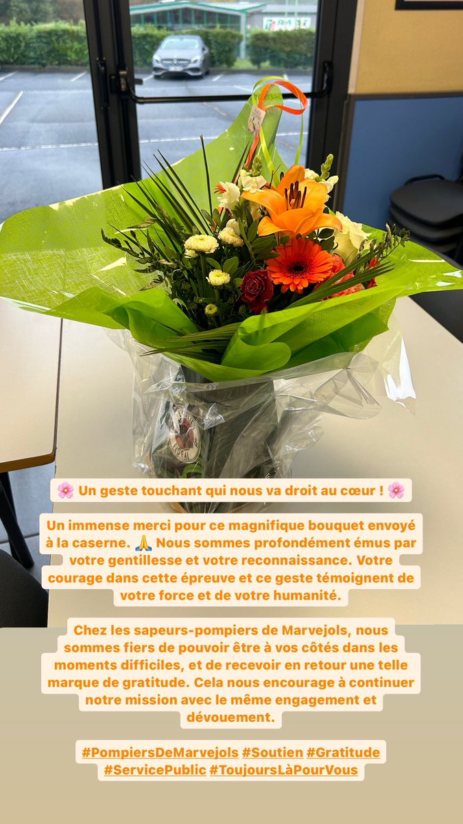 Un grand merci à cette victime que nous avons secourue récemment et qui, aujourd’hui, nous a offert un magnifique bouquet. 💐 Votre geste nous touche profondément et nous motive à continuer notre mission avec cœur. ❤️👨‍🚒 #Marvejols #SapeursPompiers