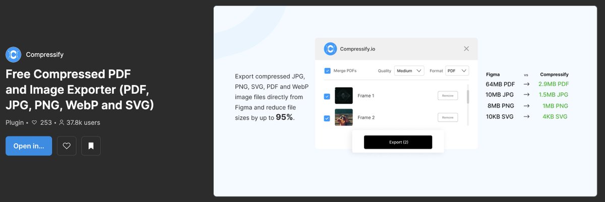 Compressifyio's tweet image. 🚀 37k users and counting! Compressify for @figma : because who needs heavy files weighing down your design dreams? Export those images and PDFs light as a feather. Your storage will thank you, your internet will hug you. 🪶💻 #Compressify #Figma 

Link: figma.com/community/plug…