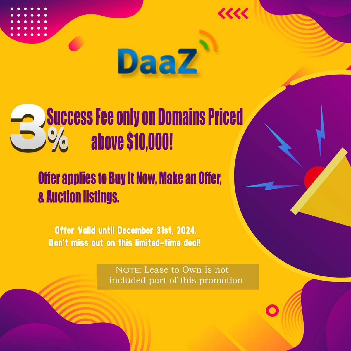 Daazcom's tweet photo. Unlock Exceptional Savings with Just a 3% Success Fee on Sales Above $10,000!
#daaz #domainsale #domainsold #domainseller #domainer #domains #domaining #domainname #domaininvestor https://t.co/Ib32kjZBrO